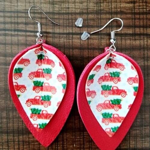 Vintage Red Truck & Christmas Tree Faux Leather Teardrop Earrings Two Layers