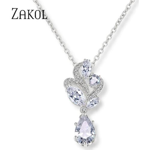 ZAKOL Trendy Vintage Flower Shape AAA+ Cubic Zirconia Pendant Necklaces Shiny Crystal Brides Wedding Jewelry for Women FSNP026