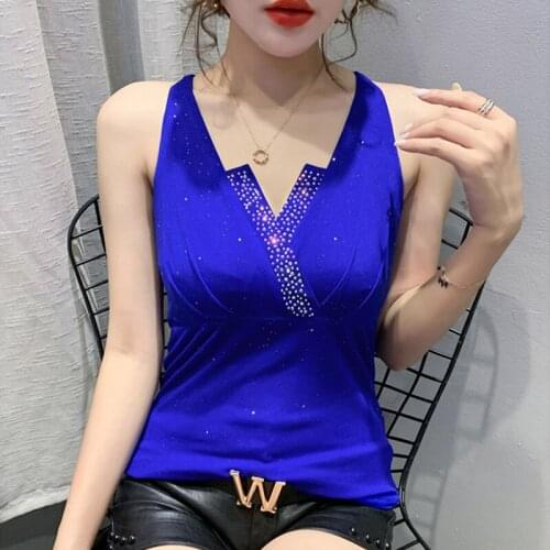 2020 summer new ropa mujer slim sexy V-neck hot drill mesh T-shirt women gown shirt fashion sling top women tank tops