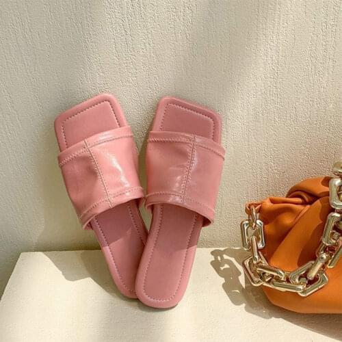 Womens 2021 Candy colors Slippers Square Toe Casual Solid New Summer Female Shoes Slip On Soft PU Leather Classic Flat sandals