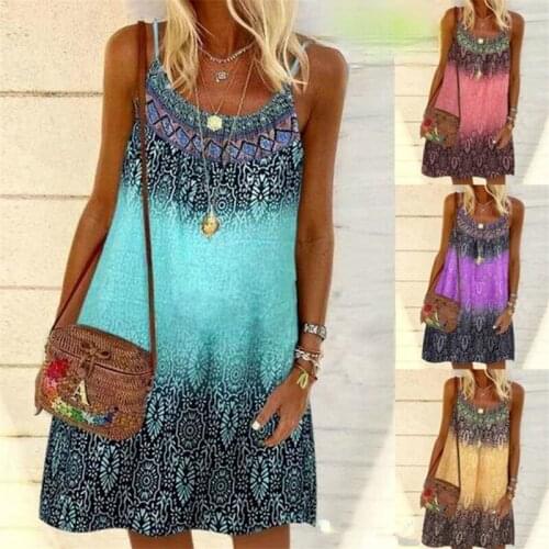 Women Casual Sleeveless Dress Summer Loose Bohemian Printed Round Neck Dress Beach Party Plus Size Spaghetti Strap Mini Dress