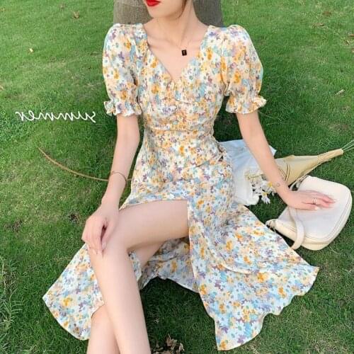 Midi Floral Chiffon Dress Women Elegant A-line Korean Vintage Summer Woman 2021 Split Dresses Party Holiday Boho Vestidos