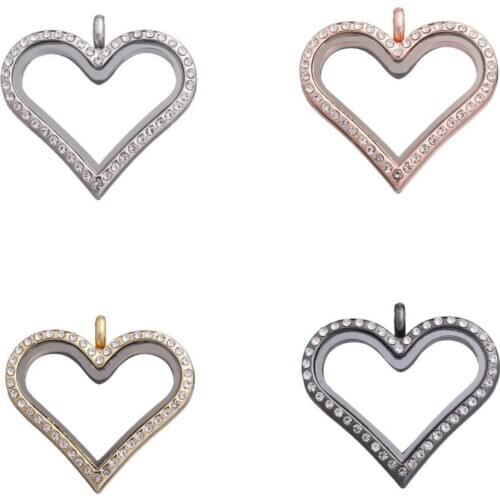 New 10pcs/lot Heart shape with Rhinestones/plain floating charms locket glass living memory lockets pendant for necklace