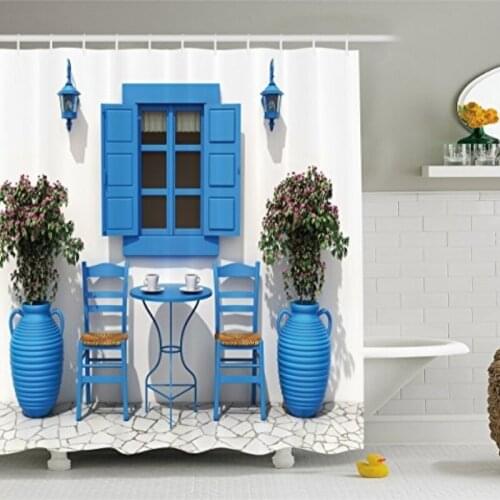 2021 Travel Decor Shower Curtain Traditional Greek Design Holiday Summer House Curtain Fabric Bathroom Decor Set with Hooks