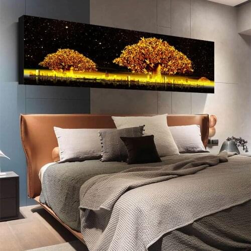 Abstract Golden Leaves Rich Tree Posters and Prints City Landscape Canvas Painting Big Size Wall Art Picture for Bedroom Decor
