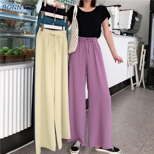 Wide Leg Pants Women Summer Fresh Ulzzang Solid Purple All-match College Girls Trouser Full-length Chiffon Soft Leisure Ins Pant