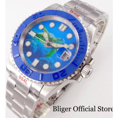 BLIGER 40mm Blue Business NH35A Men Watch Selfwinding Wristwatch Brushed Bezel Insert Date Magnifier Screw Crown