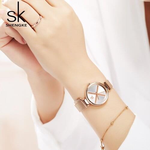 Shengke Womens Watch Creative Dial Luxury Diamond Ladies Stainless Steel Wrist Watch Female Clock Rose Gold Quartz Watches Gift