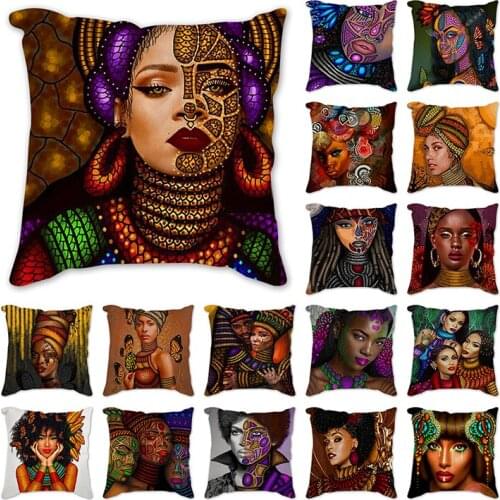 Retro Cushion Cover African tattoo Woman Living Room Pillows Case Linen Sofa Cushions Covers Colorful Home Decor Cases Funda