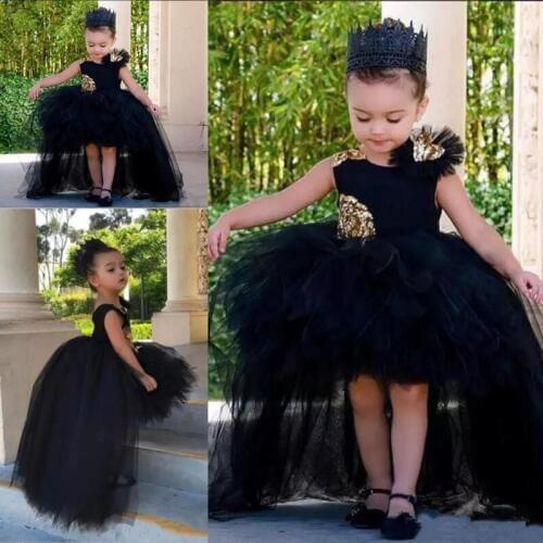 Black High Low Flower Girl Dress Girls Tulle Tutu Puffy Ball Gown Kids Pageant Dresses Appliques Sleeveless Toddler Pageant Gown