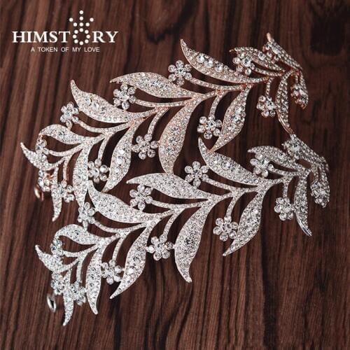 HIMSTORY Rose Gold CLEAR RHIESTONE CRYSTAL LEAVES DESIGNS HAIR TIARA CROWN BRIDAL WEDDING PARTY HAIR ACCESSORY