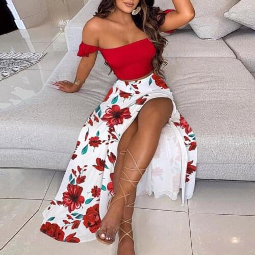 2Pcs/Set Feather Print Two Piece Set Women Outfits Sexy Off Shoulder Crop Top High Slit Hem Long Skirts Set Women Tracksuits