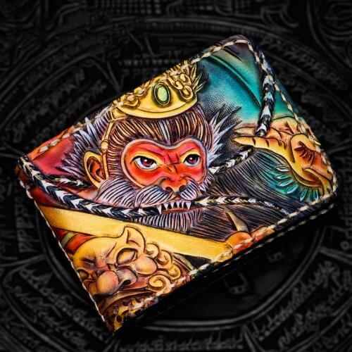 Hand-made Sun WuKong Short Wallets Purses Women Men Clutch Vegetable Tanned Leather Thin Drivers License Wallet Card Holder
