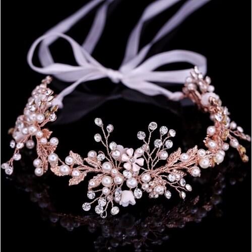 Luxury Leaf Pearl Rose Gold Wedding Hair Tiara Bridal Headpiece Women Crown Flower Head Jewelry Wedding Hair Accessories