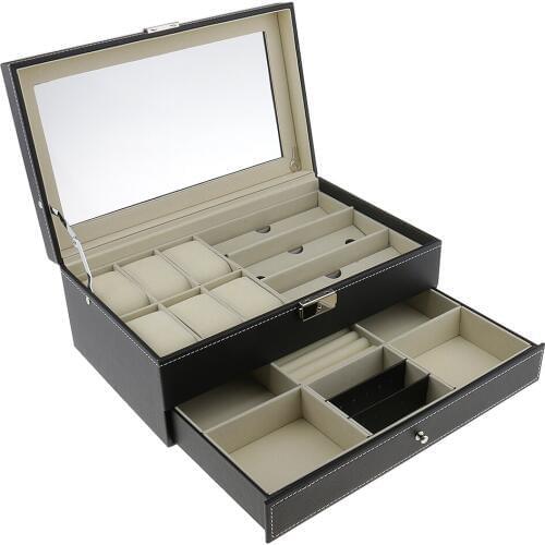 Luxuary Black Double Layer Total 16 Grids Jewelry Watch Glasses Storage Case