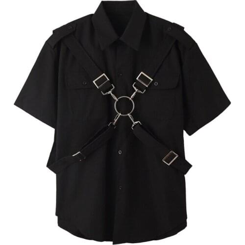 Summer Mens Black White Loose Short Sleeve Shirt Stylish Lace Up Metal Ring Decor Chic K31