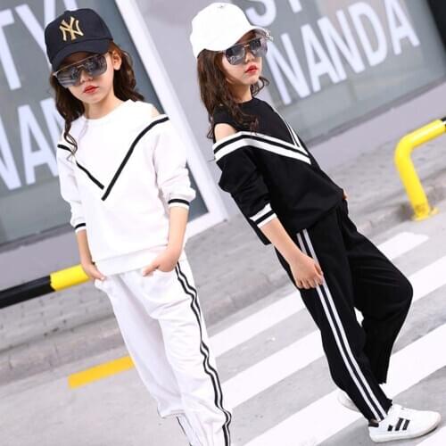 Tracksuit Girls Sports Suits Autumn Clothes Long Sleeve Sweatshirt +Pants Sets for Girl Black White Clothing 9 10 12 14Y