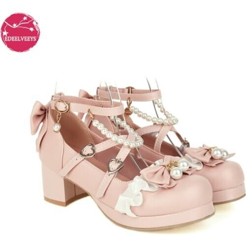 Women Party Leather Shoes Girls PU Med Heel Lace Flower Butterfly-knot Bead Ladies Single Pumps Dance Dress Princess Cosplay