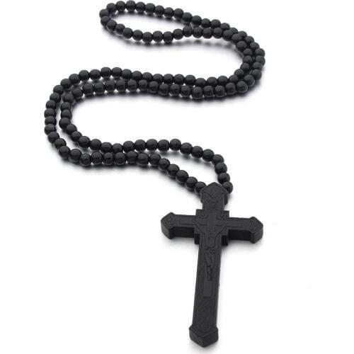 VOQ New Jesus Carved Pattern Pendant Wood Beads Chain Cross Necklace Christian Religious Prayer Christmas Jewelry Gifts