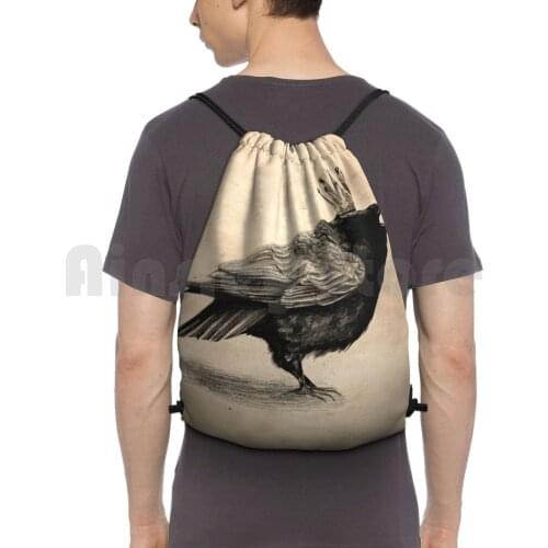 Crow In Crown Backpack Drawstring Bags Gym Bag Waterproof Crow Raven Crown Black White Pencil Cute Gentleman Lady Bird