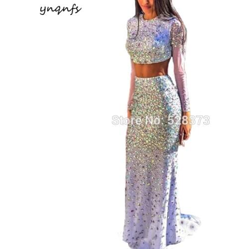 YNQNFS PD109 Elegant Crystal Dress Two Piece Long Sleeve Sexy Mermaid Prom Party Gown Bridesmaid Dresses 2019