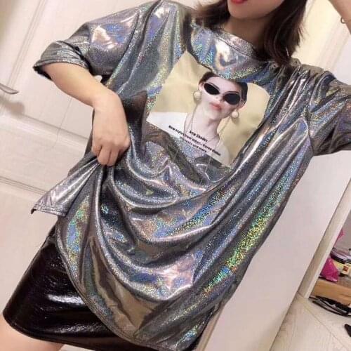 Summer Loose Mid-length Beauty Pearl Earrings Chain Bottoming Shirt Women 's Side Slit Shiny Short-sleeved T-shirt Top