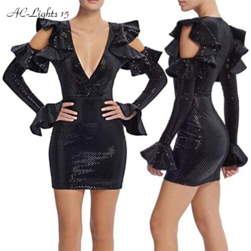 Punk Little Sexy Black Bodycon Dress Women Sequin Deep V Neck Off Shoulder Bandage Dresses Mini Dress Clubwear Vestidos 2020