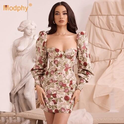 Autumn Elegant Women Print Dress Sexy Lantern Long Sleeve Bodycon Celebrity Evening Party Mini Dress 2021 Fashion New Female