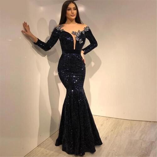 Black Mermaid Evening Dress Sequin Jewel-Neck Sexy Prom Dresses 2020 Embroidery Beading Formal Party Gowns robe de soiree