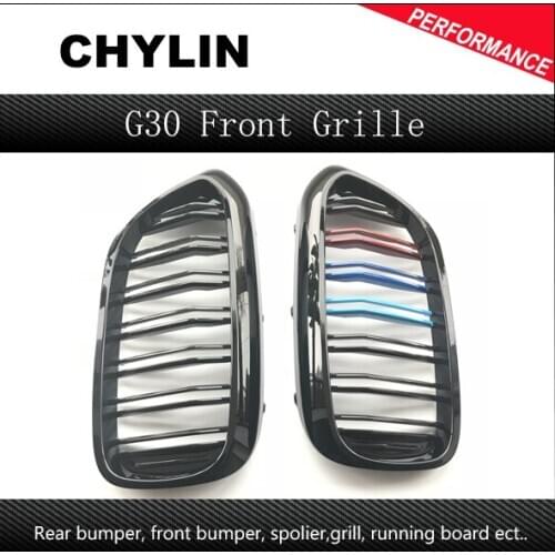 2pcs For BMW 5 Series G30 G38 2018 Gloss Black M Color Front Kidney Double Slat Line Car Grill Grille Car-styling