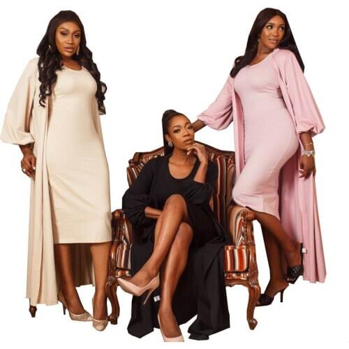 Adogirl Two Peice Set for Women Fashion Solid X-Long Cardigan Coat and Midi Dress Womens Outfits Plus Size Office Lady Wear
