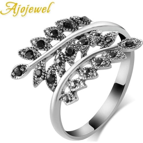 Ajojewel ##7-9 Bijoux Anel De Formatura New Black CZ Vintage Leaf Womens Rings With CZ