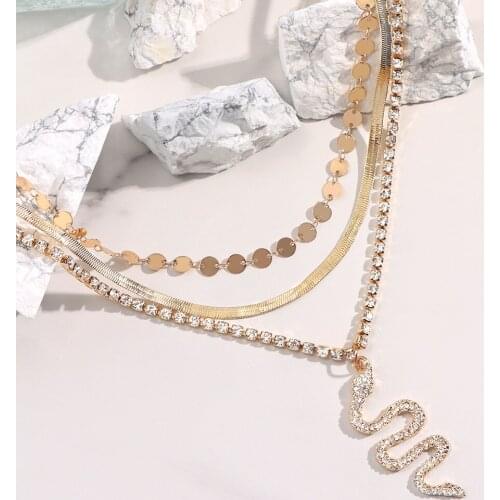 JUST FEEL Vintage Multi Layer Crystal Snake Chain Necklace For Women Gold Color Metal Butterfly Animal Pendant Necklace Jewelry