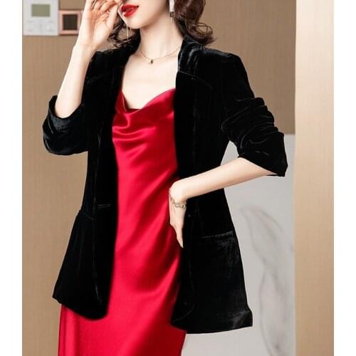Black Silk Velvet Women Blazers Notched Single Breasted Full Sleeves Office Lady Fashion Oversized Blazer Jackets with Pockets