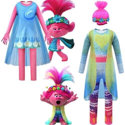 Trolls 2 Halloween Costumes for Kids Fancy Girls Cosplay Jumpsuit Poppy Princess Siamese Anime Clothes Elf World COS Clothing