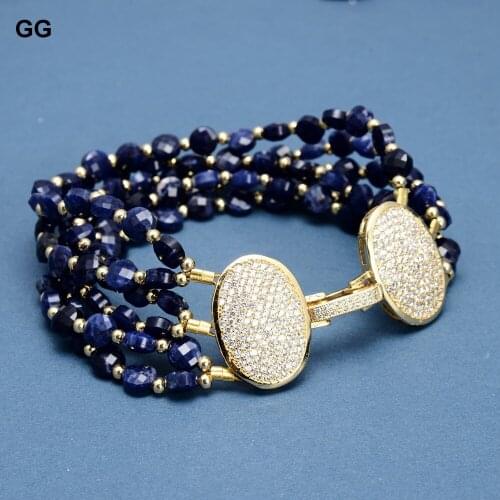 GuaiGuai Jewelry Natural 6 Strands Faceted Coin Shape Blue Lapis Lazuli Bracelet Cubic Zirconia Pave Clasp 8.5" Ethnic Style