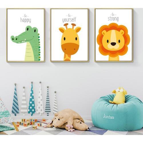 Kawaii Cartoon Kids Wall Art Animal Prints Poster Nursery Canvas Print Painting Nordic Decoration Wall Picture for Baby Bedroom