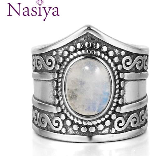 Vintage Fine Jewelry 7*9MM Big Natural Rainbow Moonstone Rings 925 Sterling Silver Ring For Women Anniversary Gifts