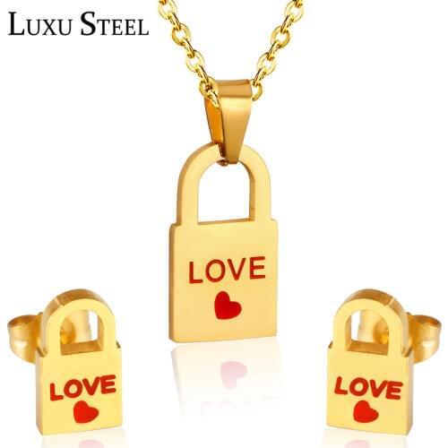 LUXUSTEEL bridal necklace set Stainless Steel Lock Pendant Necklace Earrings Earrings Brinco Party Gold Colro Collars Choker