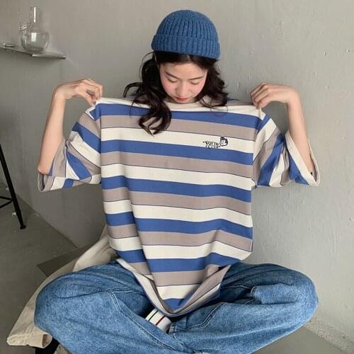 Summer Girl Striped Loose Casual Sweet Short-Sleeved T-Shirt Womens Wild Tops Ins Fashion Womens Summer Clothes