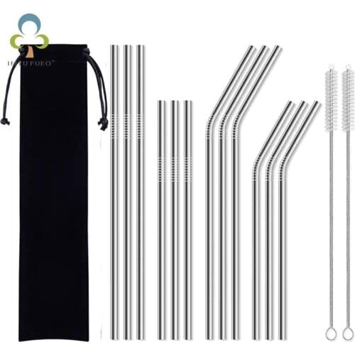 1Set Metal Reusable 304 Stainless Steel Straws Straight Bent Drinking Straw With Case Cleaning Brush Set Party Bar accessory YJN