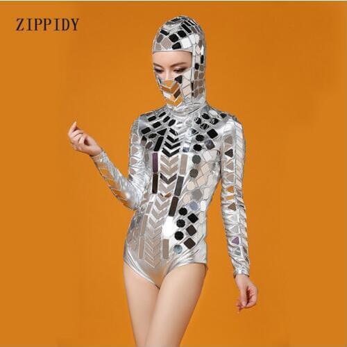 Fashion Silver Head Piece Mirrors Costume Stage Dance Wear Outfit Party Women Singer Dancer Bar Performance Sexy Leotard