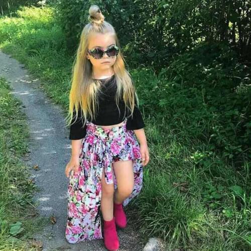 Fashion Children Girl Clothes Set Toddler Girl Summer Clothes Cotton Black Tops+Flower Shorts+Flower Dovetail Skirt 2-7 Years