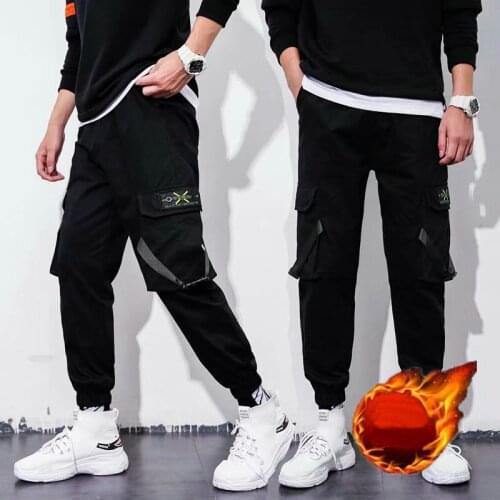 Men Streetwear Fleece Cargo Pants Nice Winter Overalls Men Hip Hop Joggers Pants Fashions Track Pants Casual Black Sweatpants