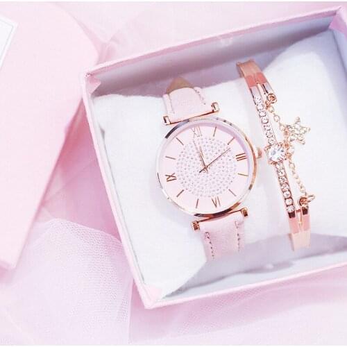 Girls Quartz Leather Band Wristwatch Ladies Watches With Bracelet set Fashion Simple Watch For Christmas Gift