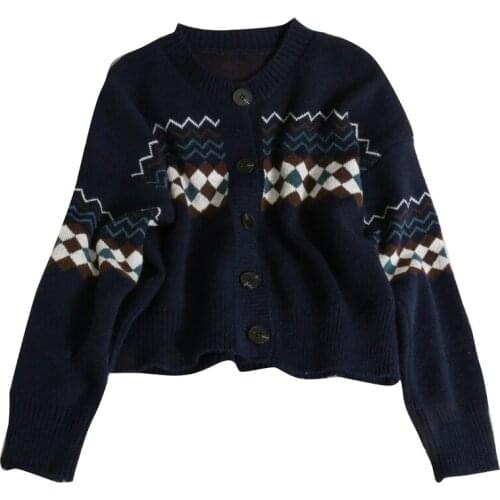 Autumn retro wide new plaid single-breasted cardigan long-sleeved knitted loose sweater