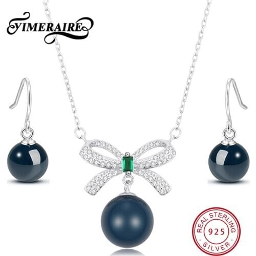 925 Sterling Silver 2Pcs/Set Necklace Earring Fashion Ceramic Set Dark Blue Round Design Noble Gorgeous Jewelry For Women Girls