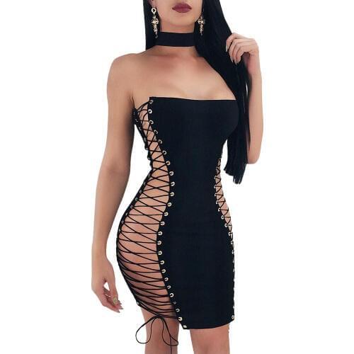 Adogirl Sexy Double Lace Wrap Strapless Mini Dress Women Black Night Club Dress Side Hollow Out Lady Bodycon Cut-out Dress