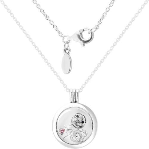 QANDOCCI Medium Floating Locket Silver Necklace With Love, Heart&Star 100% 925 Sterling Silver Necklace DIY Jewelry