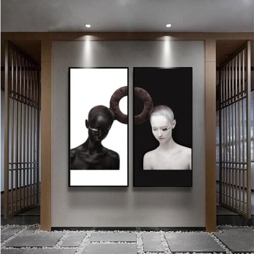 SELFLESSLY Nordic Style Black And White Girl Canvas Painting Modern Minimalist Creative Decorative Painting Abstract Art